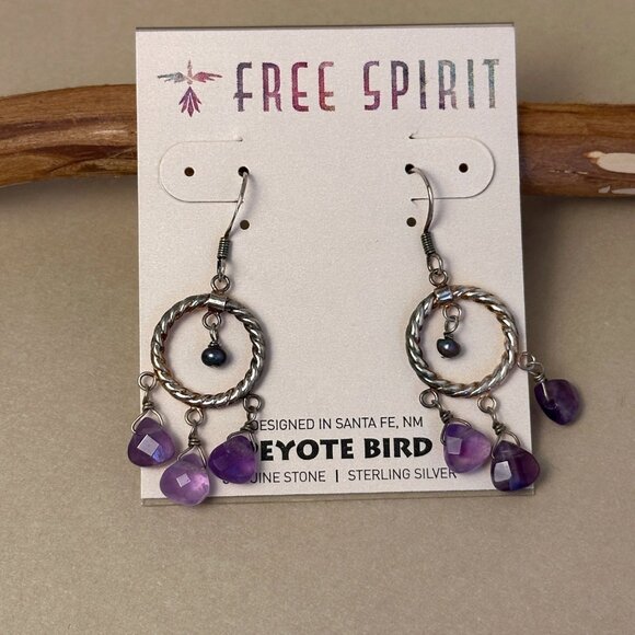 Peyote Bird Boho Gypsy Hoop Earrings Amethyst & Pearl Drops Sterling Silver NWT - Picture 5 of 12